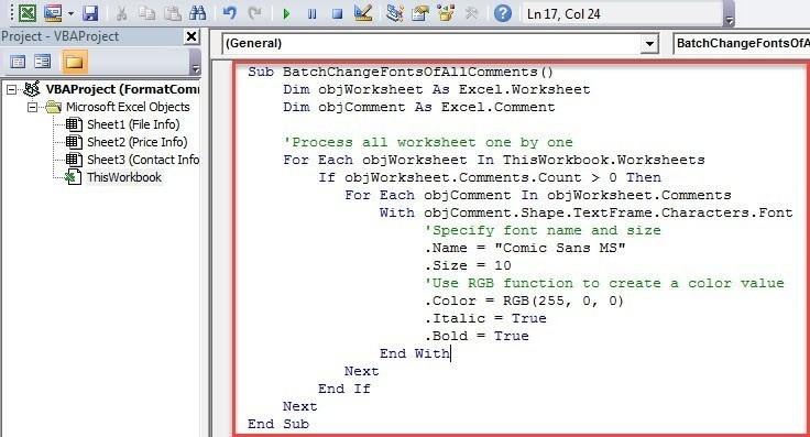 2 cách thay đổi tất cả font chữ của comment trong Excel Workbook