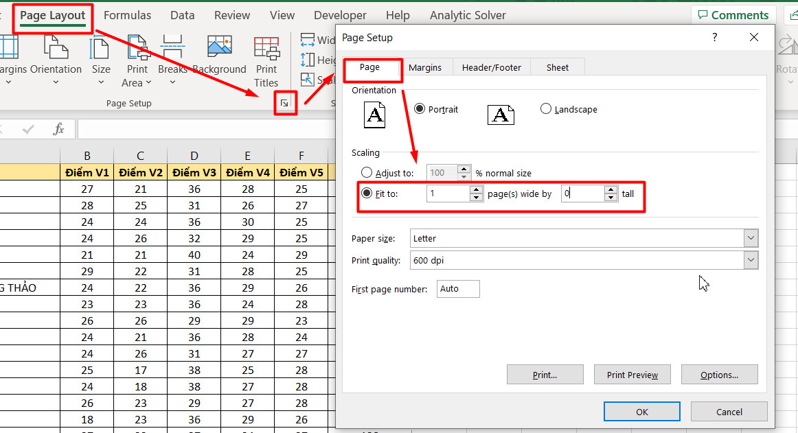 Chỉnh sửa lại kích thước bảng trong Page Setup