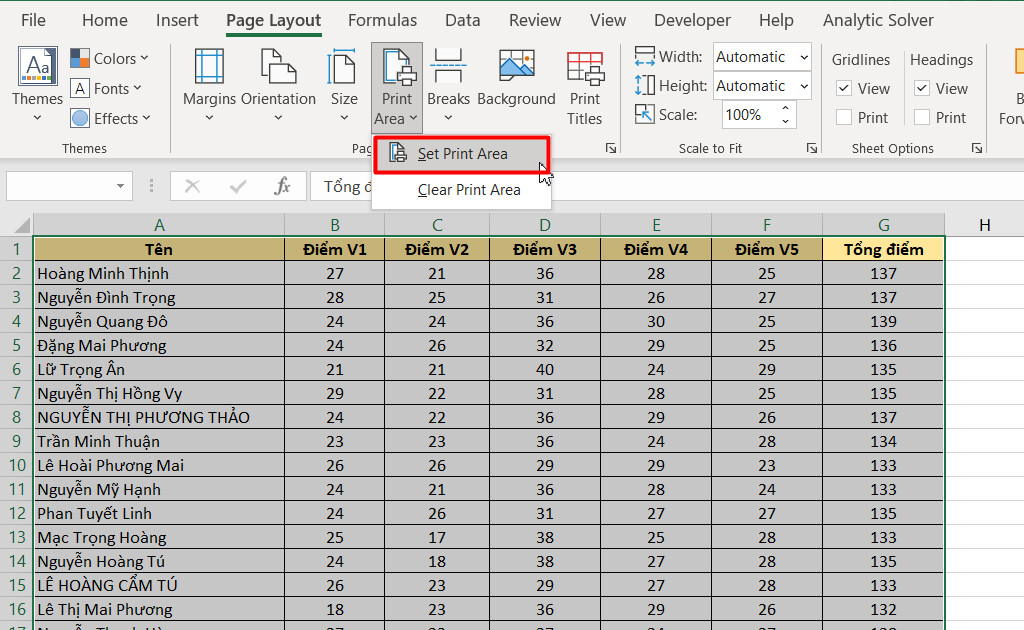 tùy chọn thay đôiỉ vùng in trên Excel