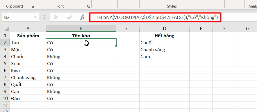 hàm if kết hợp vlookup và ISNA