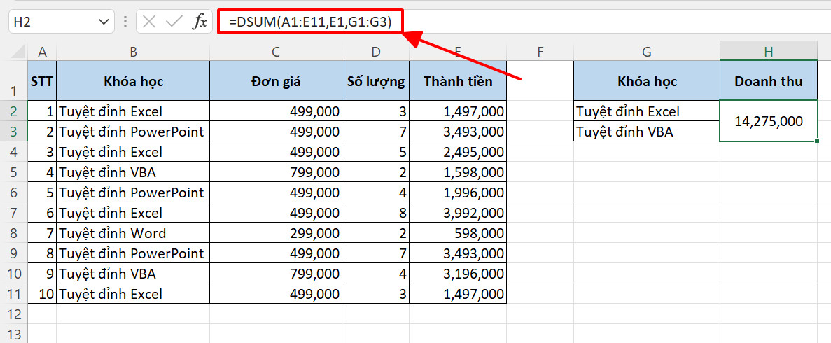 Hướng dẫn cách dùng hàm DSUM tính tổng có điều kiện trong Excel 6