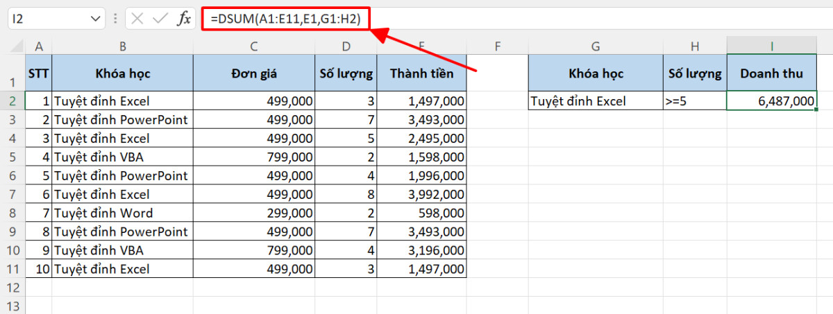 Hướng dẫn cách dùng hàm DSUM tính tổng có điều kiện trong Excel 8