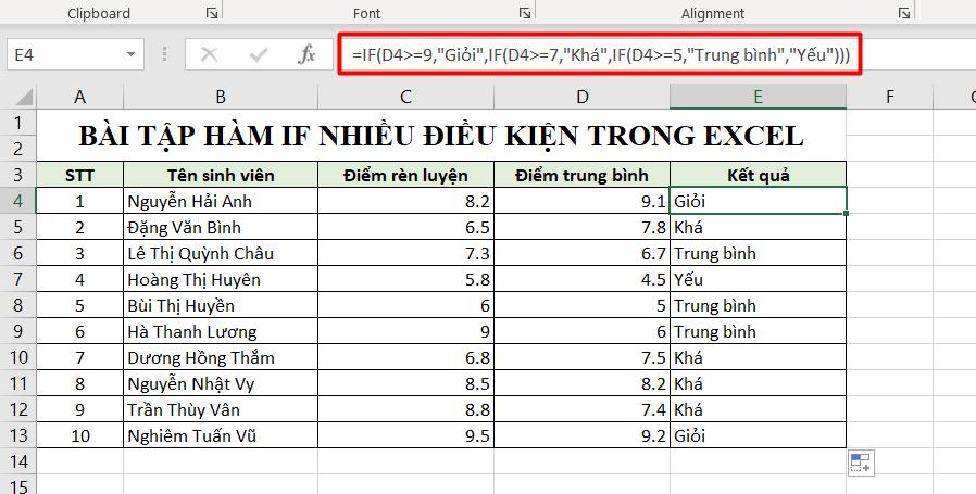 Bài tập hàm IF nhiều điều kiện kèm hướng dẫn giải chi tiết