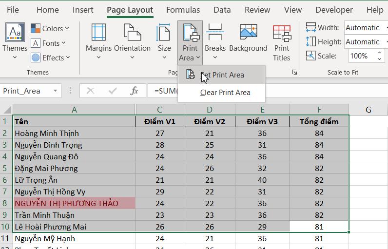 Set print area trong Excel