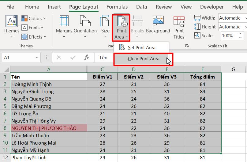 Xóa vùng in Excel