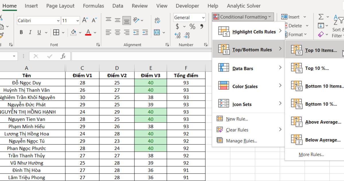 Định dạng theo điều kiện có sẵn 2