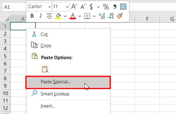 Chọn tính năng Paste Special