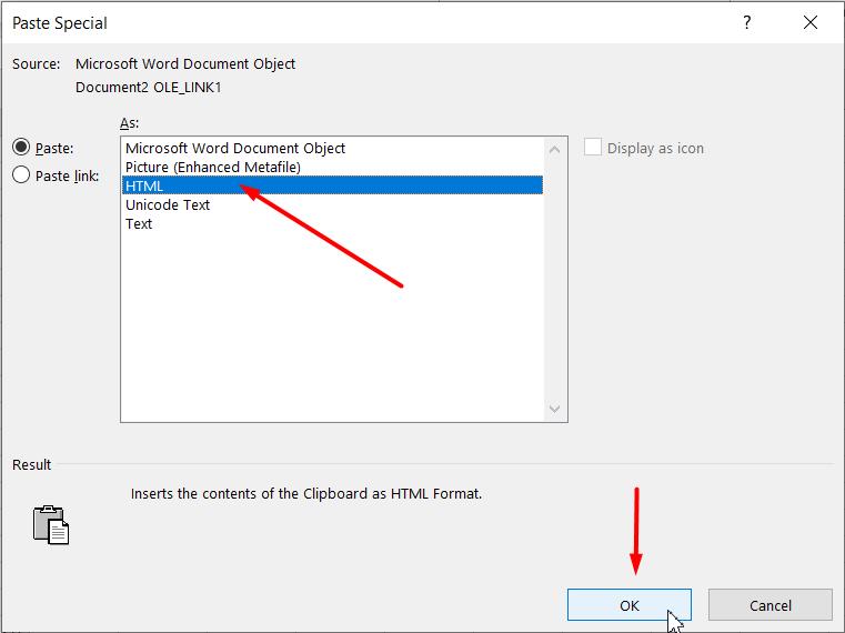 Chọn Paste dữ liệu dưới dạng HTML trong Excel