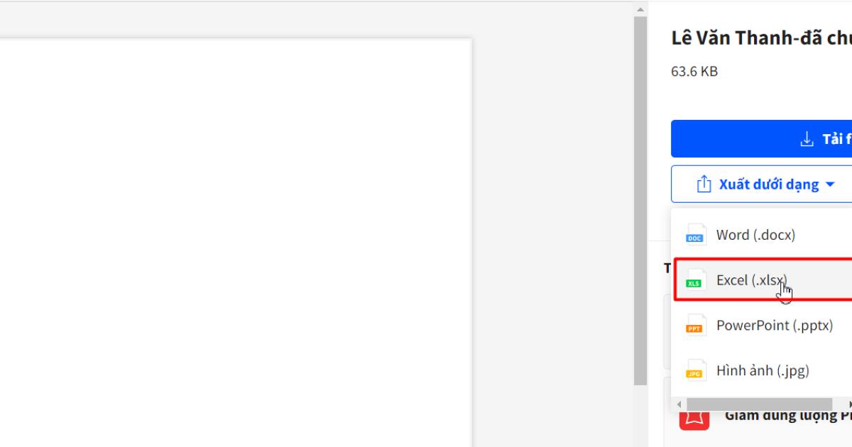 Chọn định dạng muốn chuyển sang là Excel