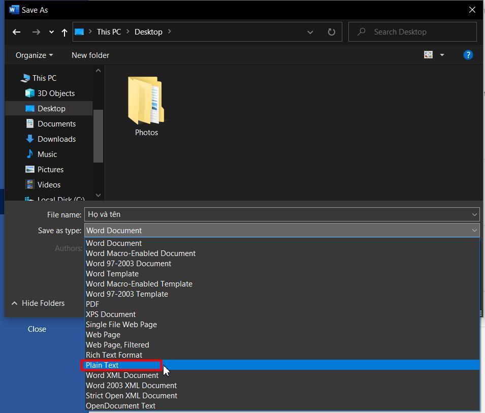 Lưu file Word dưới dạng Plain Text