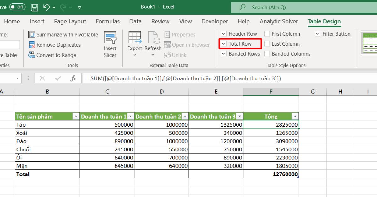 Tính tổng bằng Total Row
