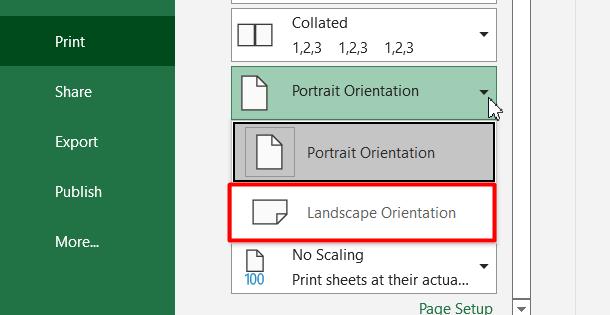 Chọn Landscape Orientation để in bảng theo chiều ngang