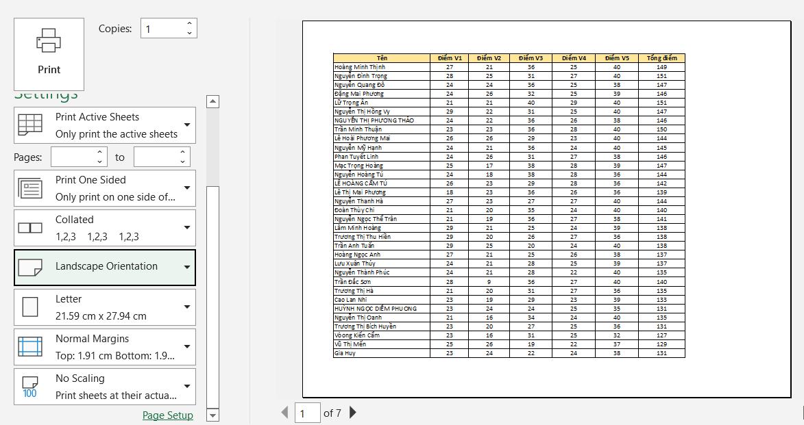 Cách in bảng excel nhiều cột theo chiều ngang