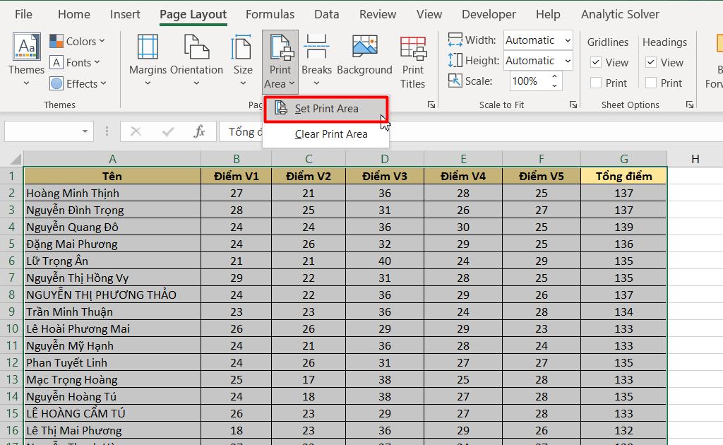 tùy chọn thay đôiỉ vùng in trên Excel