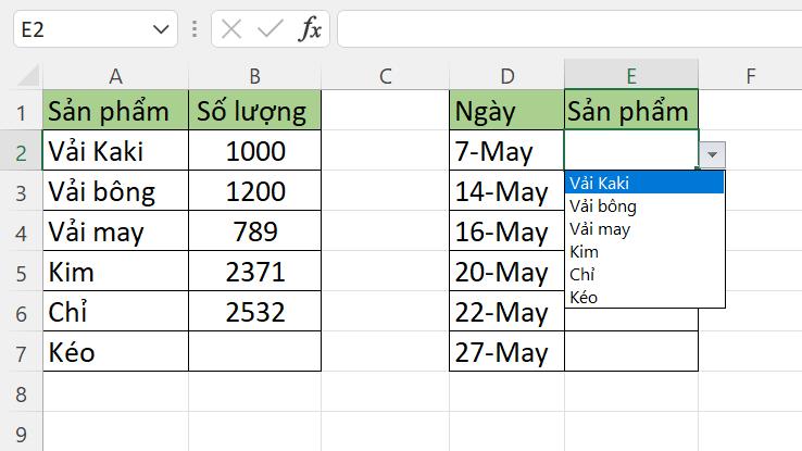 Tạo danh sách thả xuống trong Excel 