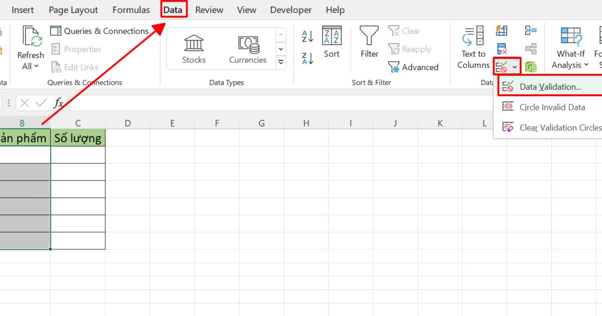 Tạo danh sách thả xuống trong Excel 