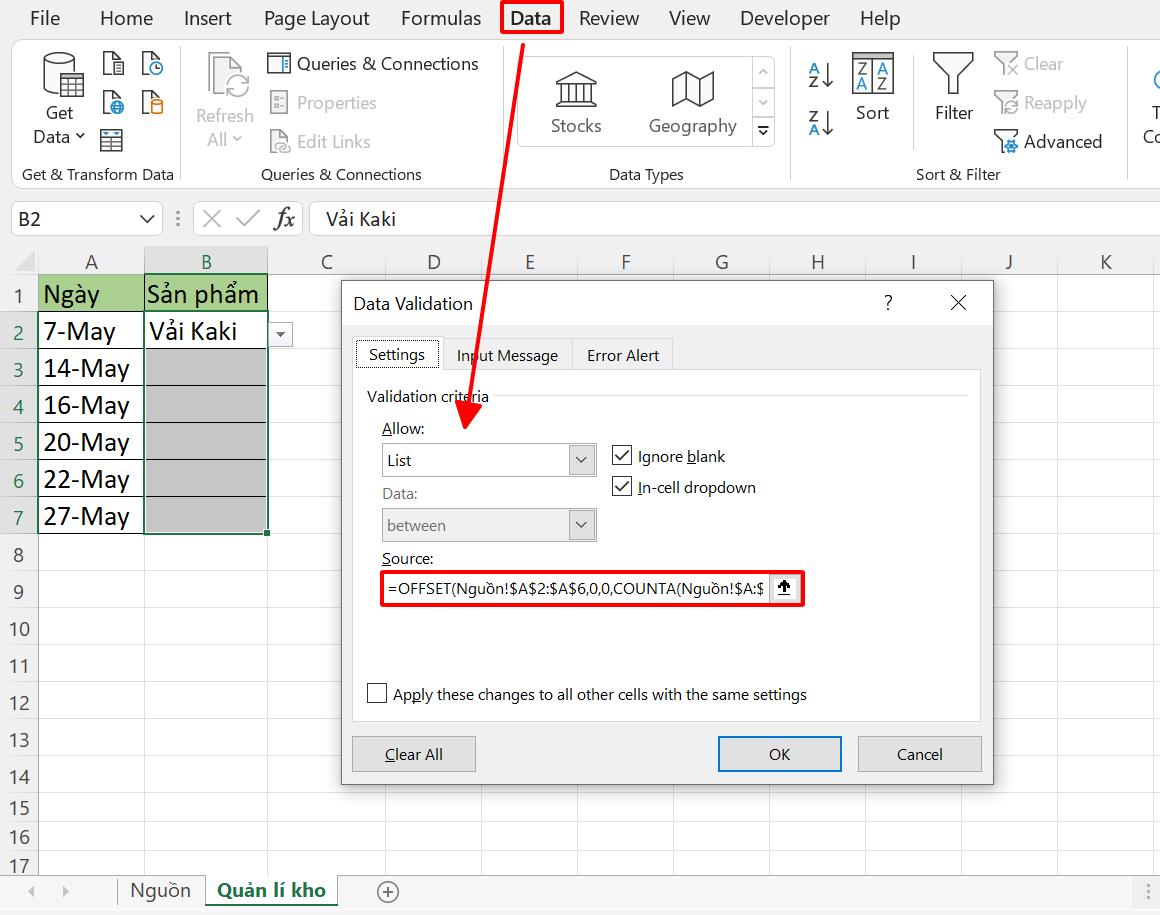 Tạo danh sách thả xuống trong Excel 