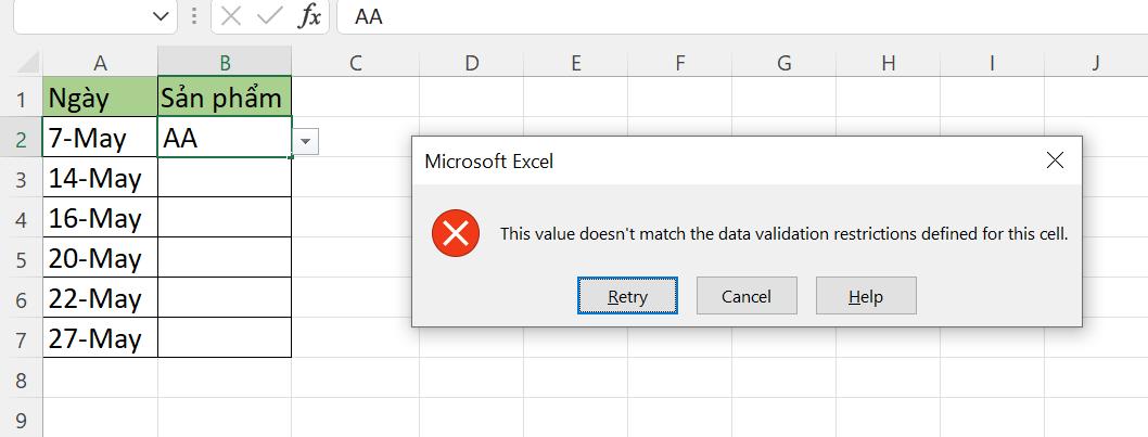 Tạo danh sách thả xuống trong Excel 