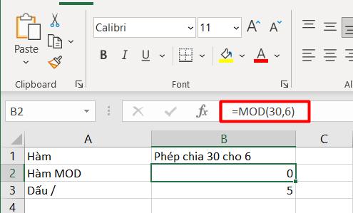 So sánh kết quả khi sử dụng hàm MOD để chia và cách thông thường