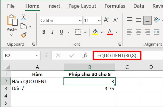 So sánh kết quả hàm chia Quotient và thông thường với phép chia có dư