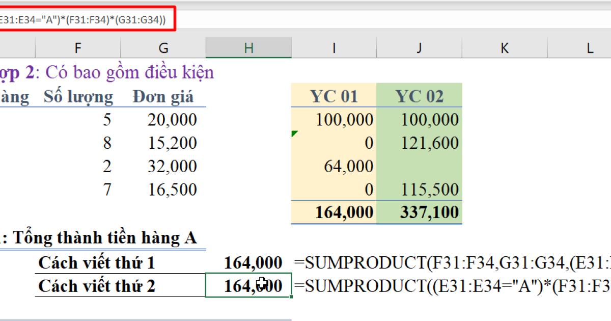 Cách dùng hàm SUMPRODUCT để tổng hợp dữ liệu cho báo cáo