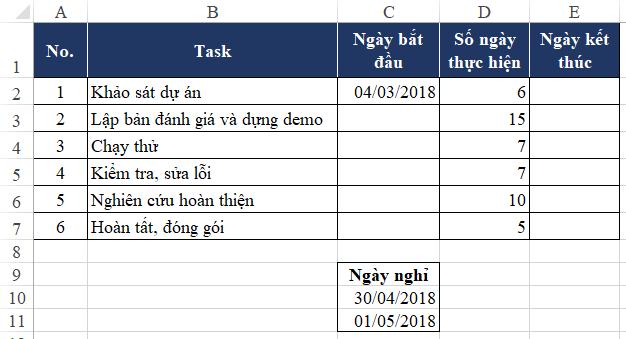 Cách dùng hàm Workday trong Excel để xác định tiến độ dự án