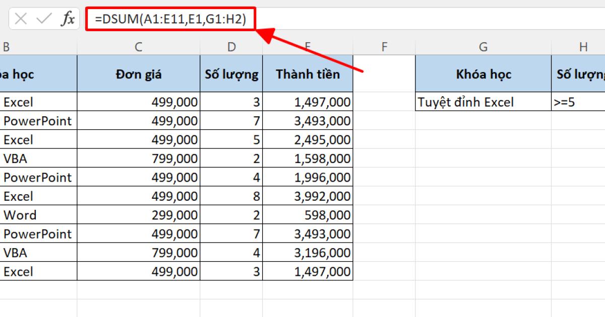 Hướng dẫn cách dùng hàm DSUM tính tổng có điều kiện trong Excel 8