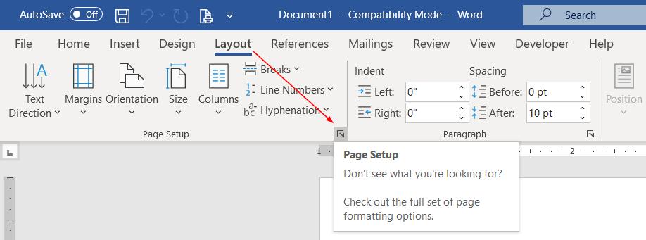 cách mở cửa sổ page setup trong word