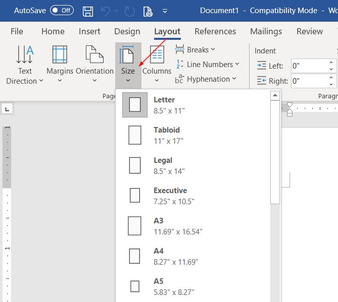 thiết lập loại giấy in trong word tại thẻ layout