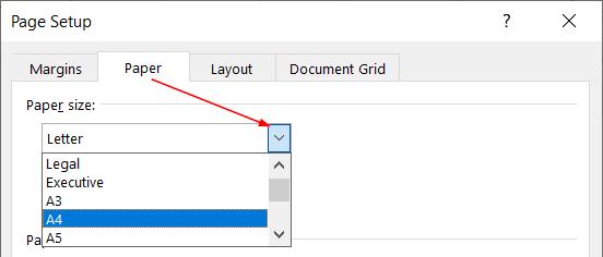thiết lập loại giấy in trong word tại page setup