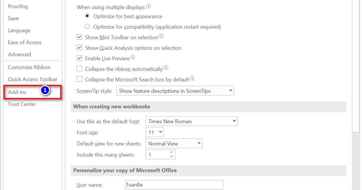 Mở cài đặt add ins trong Excel ở Option