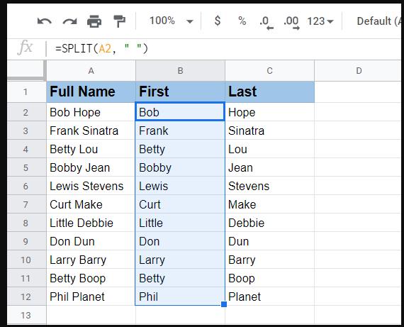 Tách họ và tên trong Google sheets