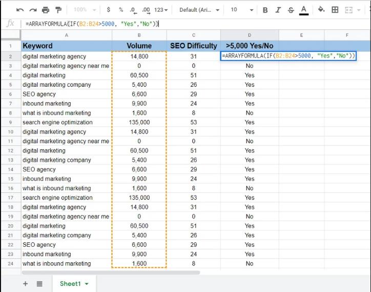 Áp dụng một công thức cho nhiều ô với ARRAYFORMULA