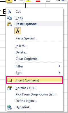 nhấp chuột phải để chọn biểu mẫu Insert Comment 
