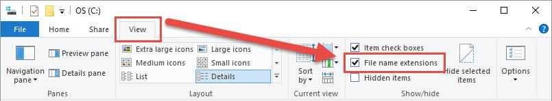 Bật File Name Extensions