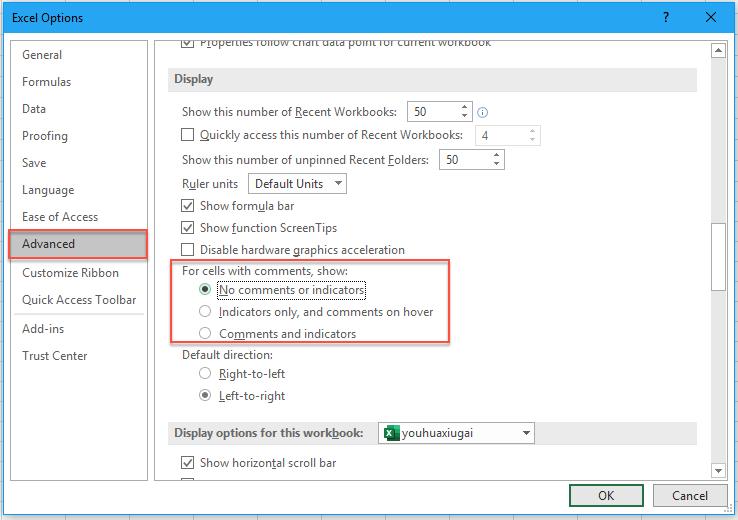 Hiển thị hoặc ẩn tất các các chỉ báo và nhận xét trong phần Options của Excel