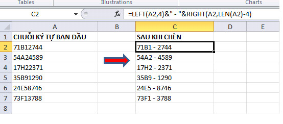 Cách thêm, chèn ký tự vào giữa chuỗi trong Excel bằng công thức