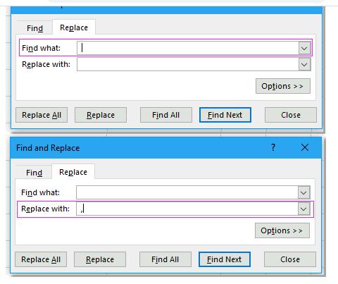 Tìm và thay thế dấu cách bằng dấu cách phẩy
