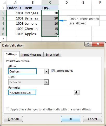 Quy tắc xác thực dữ liệu tùy chỉnh để chỉ cho phép số