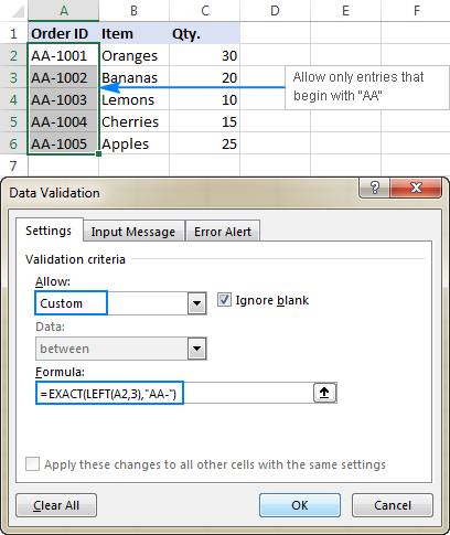 Công thức xác thực phân biệt chữ hoa chữ thường để cho phép văn bản bắt đầu bằng các ký tự cụ thể