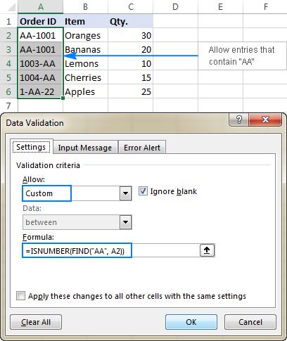 Xác thực dữ liệu để cho phép các mục nhập chứa văn bản nhất định