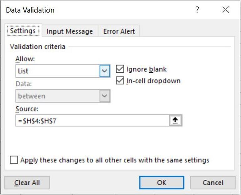Hình D: Tạo data validate hạn chế đầu vào chỉ các giá trị trong danh sách nguồn.