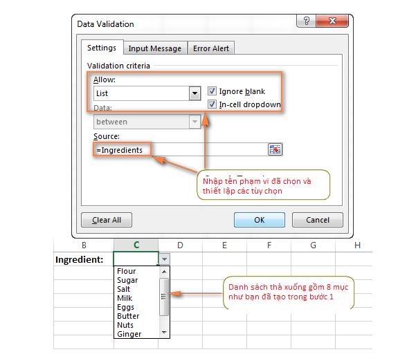 Tạo danh sách thả xuống Excel dựa trên phạm vi đã đặt tên