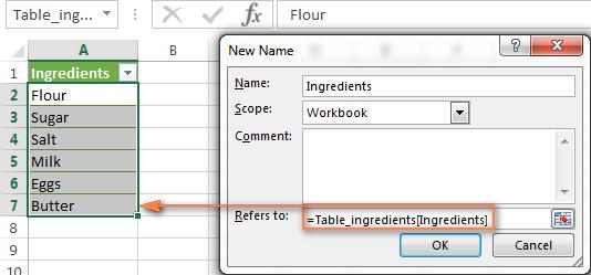 Danh sách Excel data validation dựa trên một bảng