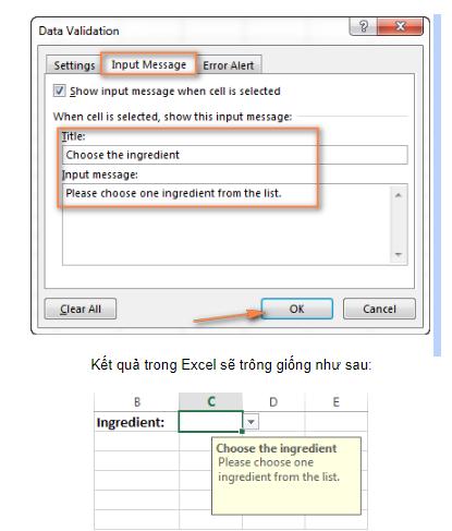 Hiển thị thông báo khi nhấp vào một ô có menu thả xuống