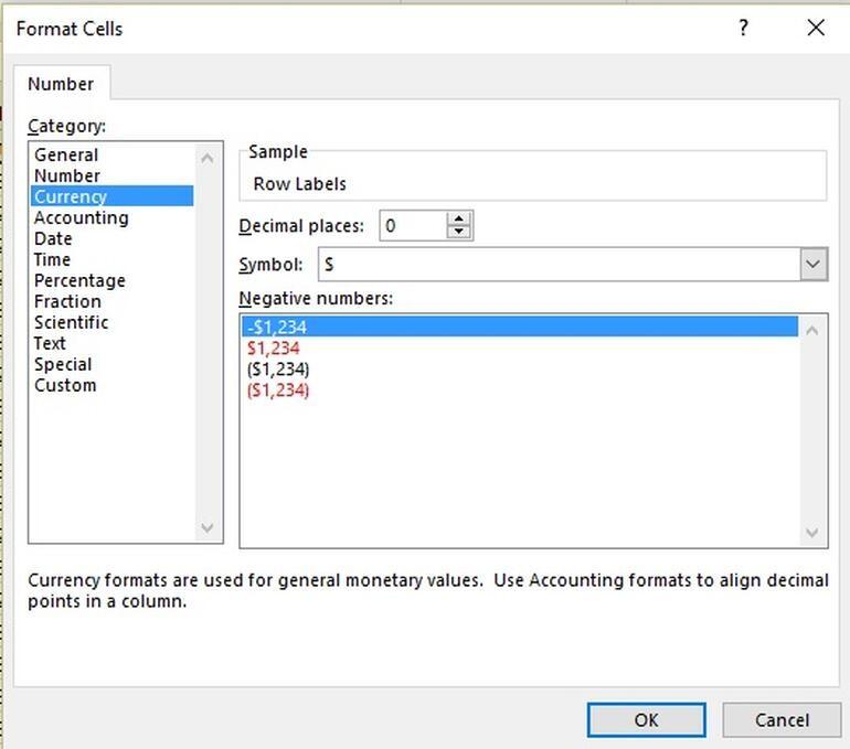 Chọn Currency (tiền tệ), thiết lập các chữ số thập phân là 0