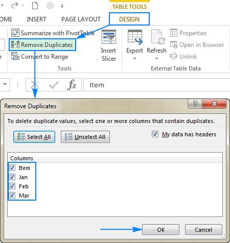 Loại bỏ các bản sao khỏi bảng Excel