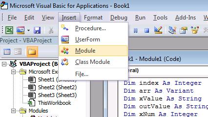 Chèn một module mới trong VBA