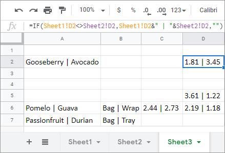Các ô khác nhau giữa hai trang tính đầu tiên đã được xác định.