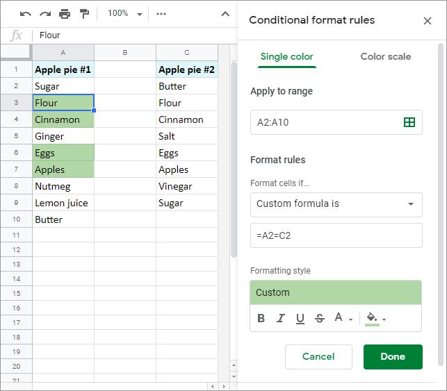 Đánh dấu các mục trùng lặp trong hai cột trong Google Trang tính.